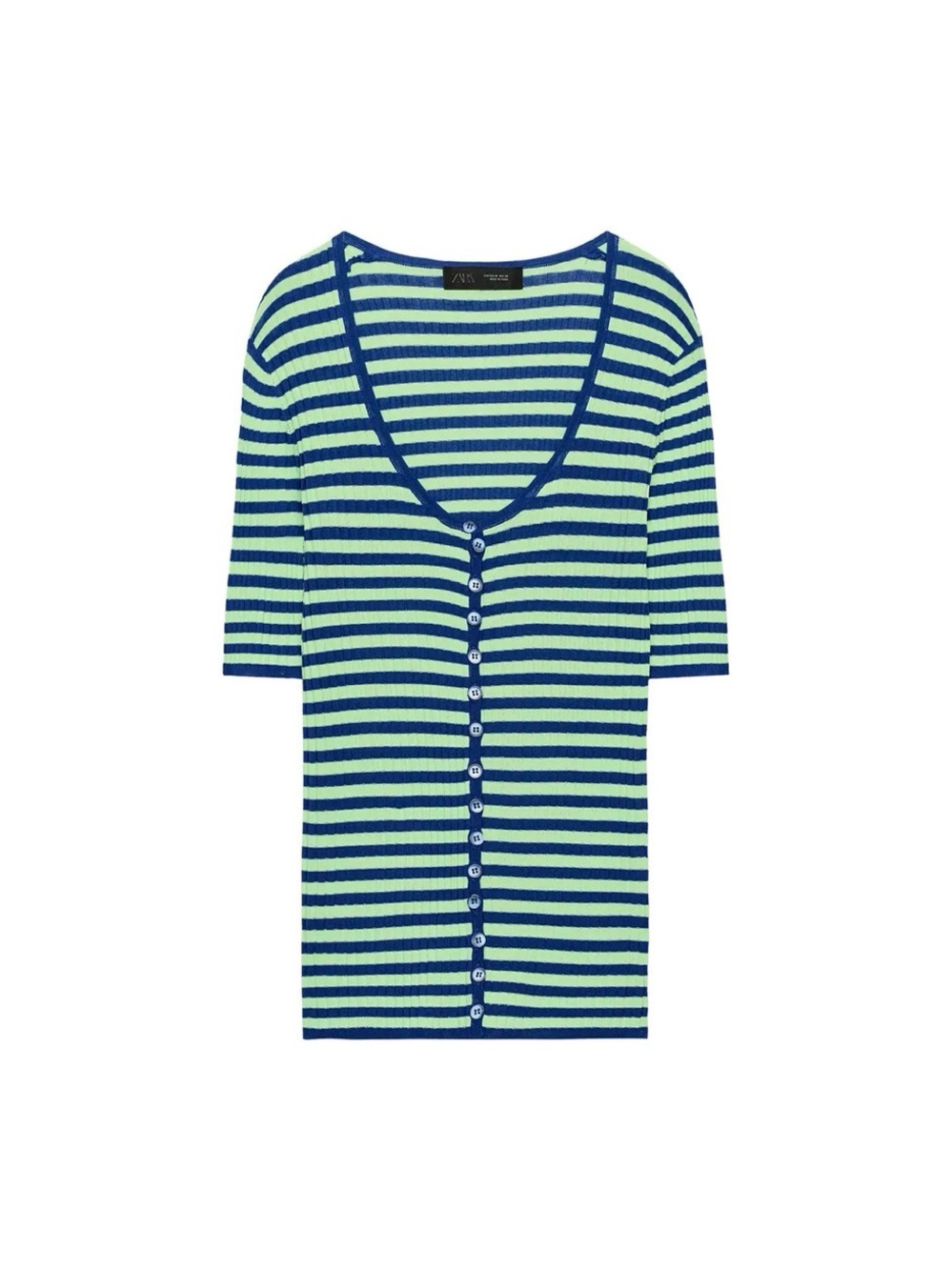 Zara Striped V-Neck Button Front Sweater Top in Navy and Lime